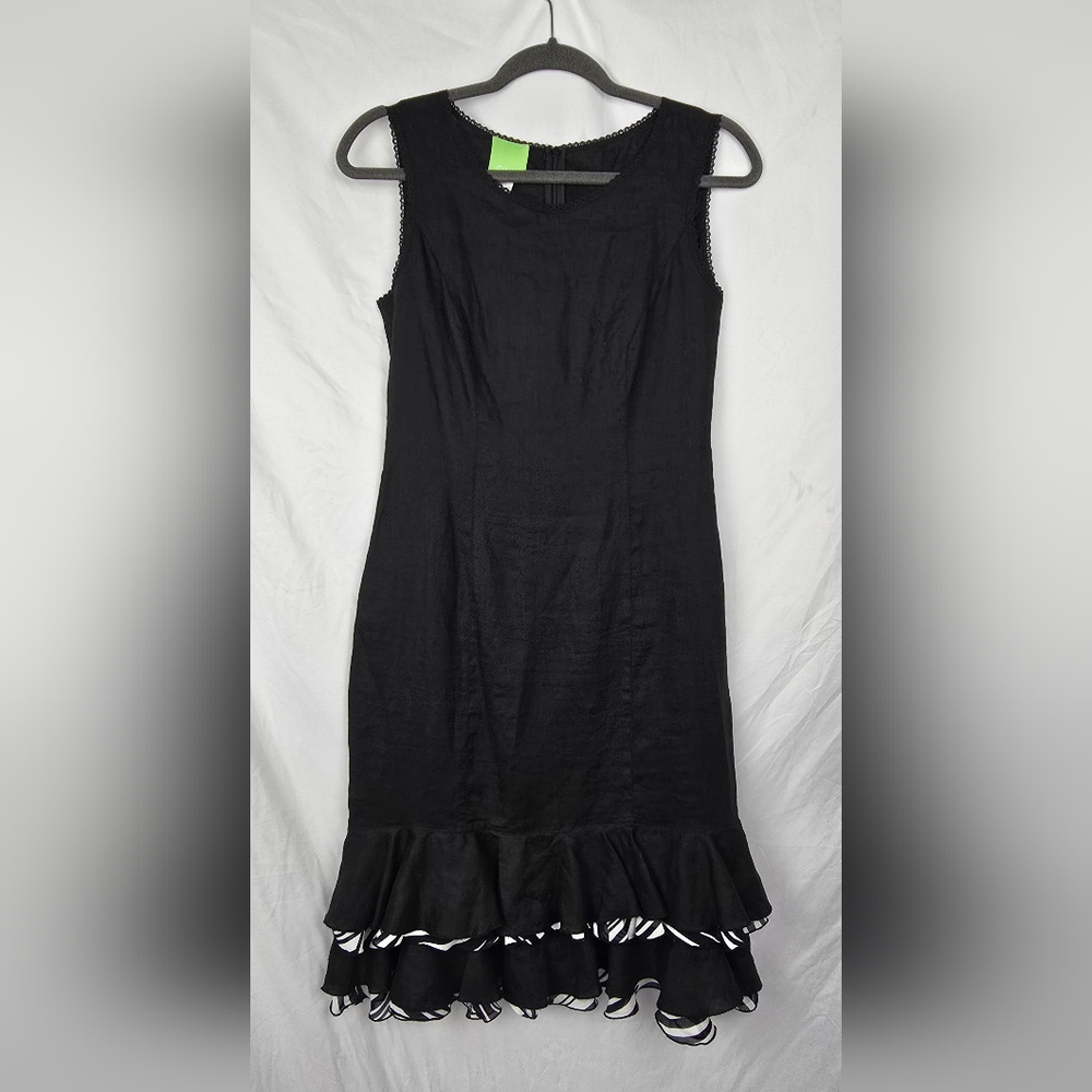 Citrine Canada Black Linen Ruffled Tiered Sleeveless Sheath Midi Dress sz 6